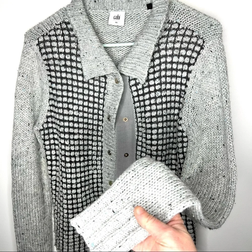 Cabi 3006 Gray Square Stich Window Pane Mock Neck Snap Cardigan Sweater Size S